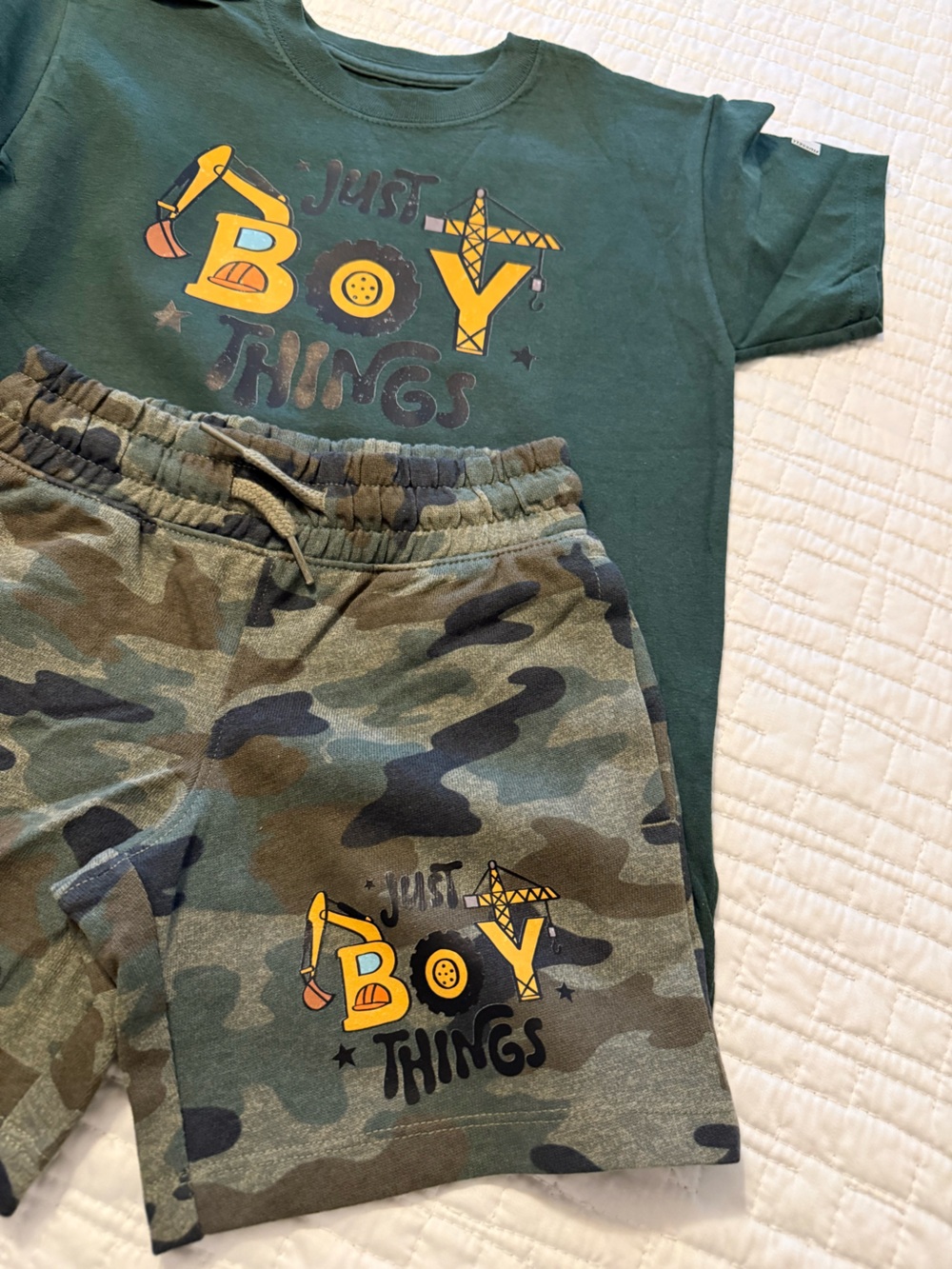 Green Camo Kids Shorts Set with Yellow Construction Graphic